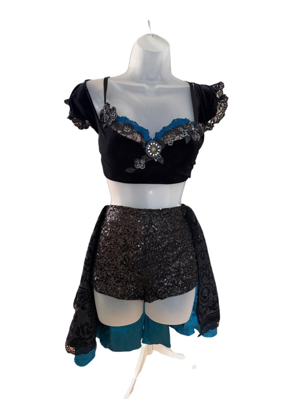 Custom Made Two-Piece Black Velvet & Sequin Lace Embellished Costume Set Sz M